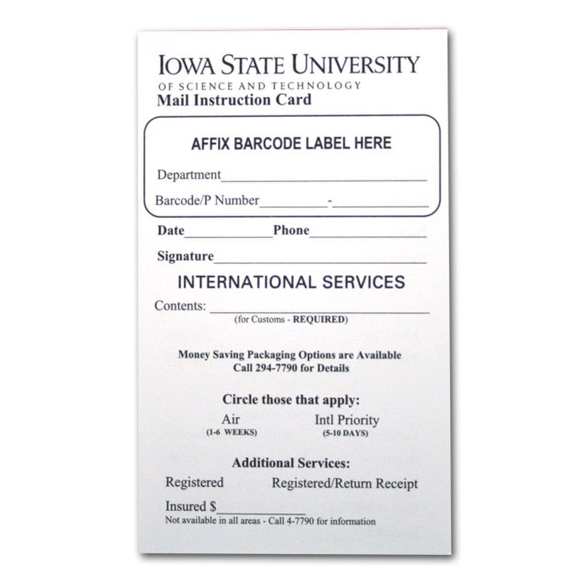 Iowa State University Mail Instruction Cards